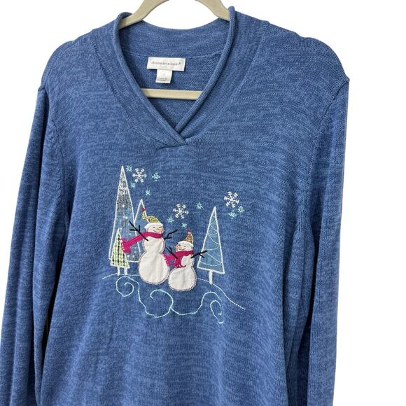 Christopher Banks Large Wintertime Christmas Sweater Blue Snowman Snowflake - Picture 2 of 8
